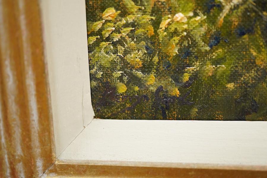 Mervyn Goode (b.1948), ‘Evening sunlight on Thistledown and Poppies’, unsigned, labels verso, oil on canvas, 29 x 29cm